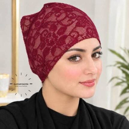 Model wearing Net Tube Cap seamless plain hijab underscarf in soft stretchable fabric providing hair coverage and secure no-slip hold. BY CLOTHIFYDOTPK