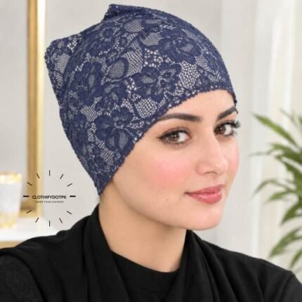Model wearing Net Tube Cap seamless plain hijab underscarf in soft stretchable fabric providing hair coverage and secure no-slip hold. BY CLOTHIFYDOTPK