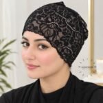 Model wearing Net Tube Cap seamless plain hijab underscarf in soft stretchable fabric providing hair coverage and secure no-slip hold. BY CLOTHIFYDOTPK