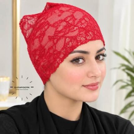 Model wearing Net Tube Cap seamless plain hijab underscarf in soft stretchable fabric providing hair coverage and secure no-slip hold. BY CLOTHIFYDOTPK