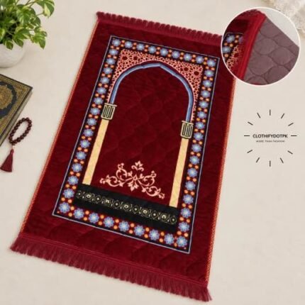 This beautifully designed, quilted prayer mat offers premium padding and is shown flat - courtesy of CLOTHIFYDOTPK.