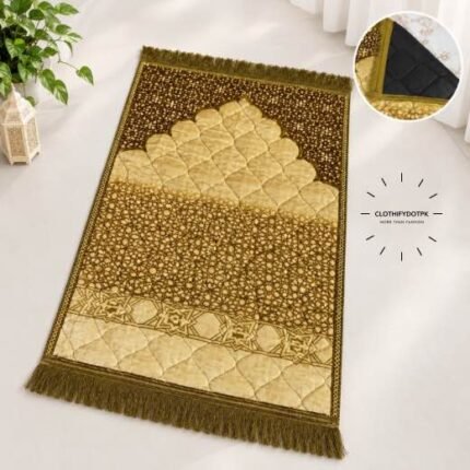This beautifully designed, quilted prayer mat offers premium padding and is shown flat - courtesy of CLOTHIFYDOTPK.
