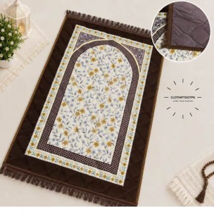 This beautifully designed, quilted prayer mat offers premium padding and is shown flat - courtesy of CLOTHIFYDOTPK.
