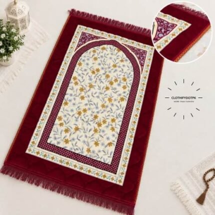 This beautifully designed, quilted prayer mat offers premium padding and is shown flat - courtesy of CLOTHIFYDOTPK.