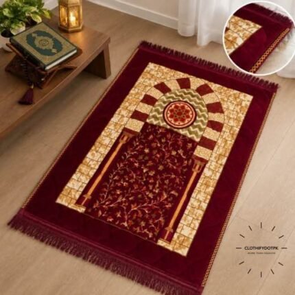 This beautifully designed, quilted prayer mat offers premium padding and is shown flat - courtesy of CLOTHIFYDOTPK.