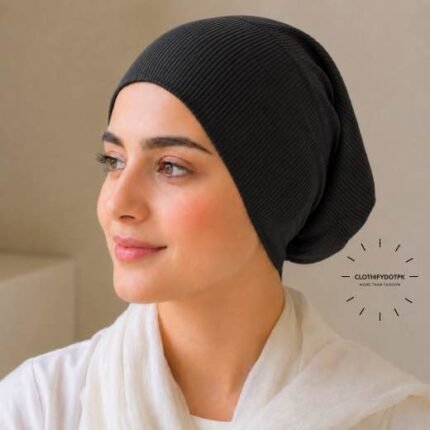 Woman wearing Ribbed Tube Cap hijab underscarf for secure hair coverage. BY CLOTHIFYDOTPK