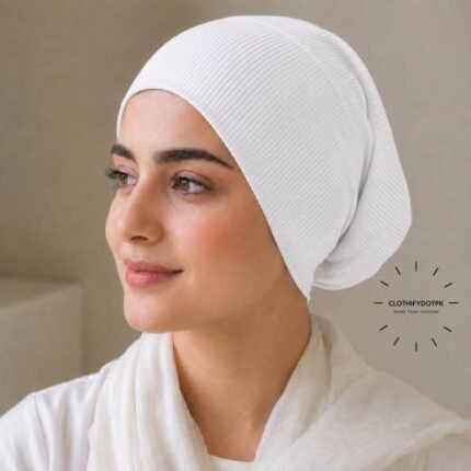 Woman wearing Ribbed Tube Cap hijab underscarf for secure hair coverage. BY CLOTHIFYDOTPK