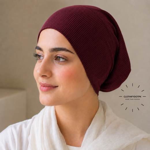 Ribbed Hijab Tube Cap - 12 Woman wearing Ribbed Tube Cap hijab underscarf for secure hair coverage. BY CLOTHIFYDOTPK