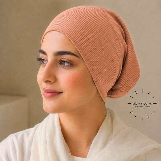 Ribbed Hijab Tube Cap - 13 Woman wearing Ribbed Tube Cap hijab underscarf for secure hair coverage. BY CLOTHIFYDOTPK