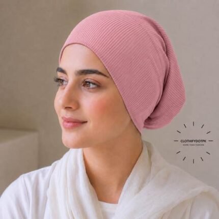 Woman wearing Ribbed Tube Cap hijab underscarf for secure hair coverage. BY CLOTHIFYDOTPK