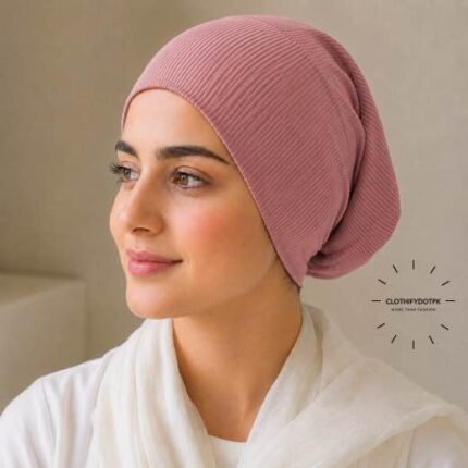 Woman wearing Ribbed Tube Cap hijab underscarf for secure hair coverage. BY CLOTHIFYDOTPK