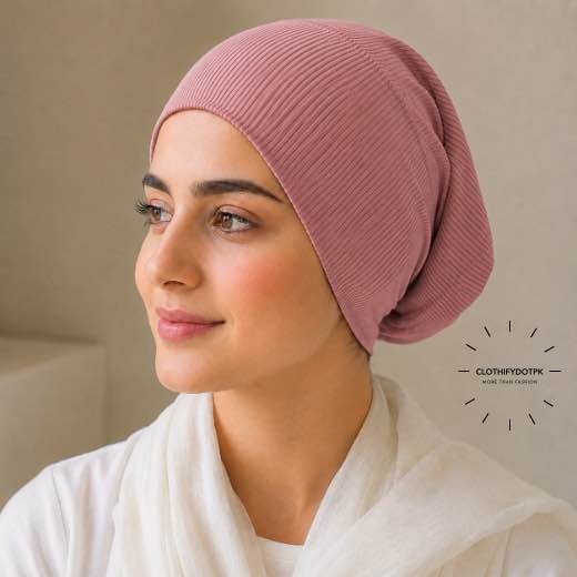Ribbed Hijab Tube Cap - 15 Woman wearing Ribbed Tube Cap hijab underscarf for secure hair coverage. BY CLOTHIFYDOTPK
