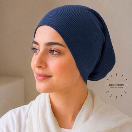 Woman wearing Ribbed Tube Cap hijab underscarf for secure hair coverage. BY CLOTHIFYDOTPK