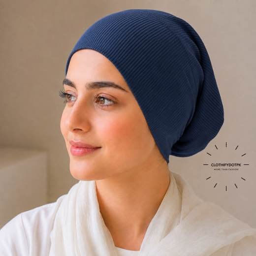 Ribbed Hijab Tube Cap - 16 Woman wearing Ribbed Tube Cap hijab underscarf for secure hair coverage. BY CLOTHIFYDOTPK