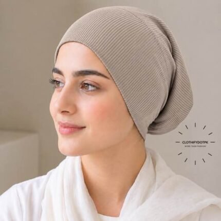 Woman wearing Ribbed Tube Cap hijab underscarf for secure hair coverage. BY CLOTHIFYDOTPK