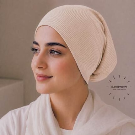 Woman wearing Ribbed Tube Cap hijab underscarf for secure hair coverage. BY CLOTHIFYDOTPK