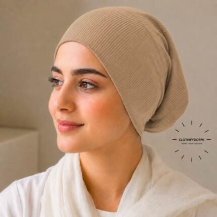 Woman wearing Ribbed Tube Cap hijab underscarf for secure hair coverage. BY CLOTHIFYDOTPK
