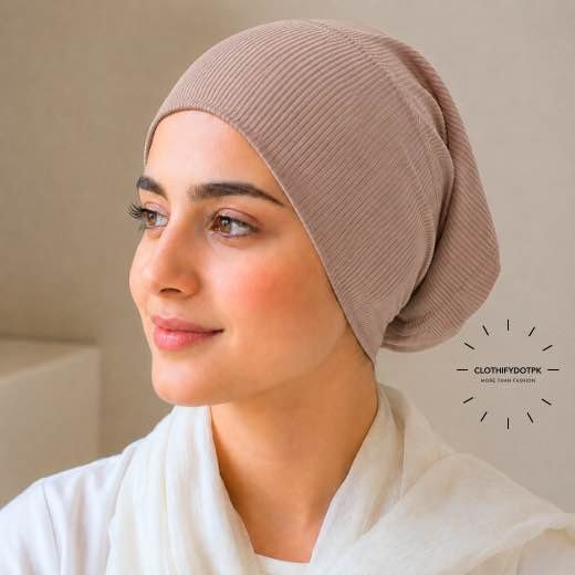 Ribbed Hijab Tube Cap - 20 Woman wearing Ribbed Tube Cap hijab underscarf for secure hair coverage. BY CLOTHIFYDOTPK