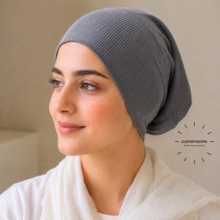 Woman wearing Ribbed Tube Cap hijab underscarf for secure hair coverage. BY CLOTHIFYDOTPK