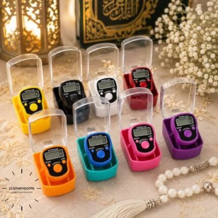 A medium, handheld digital LED tally counter used for tasbeeh, with a simple display showing the current count and a button on top to increment it. BY CLOTHIFYDOTPK