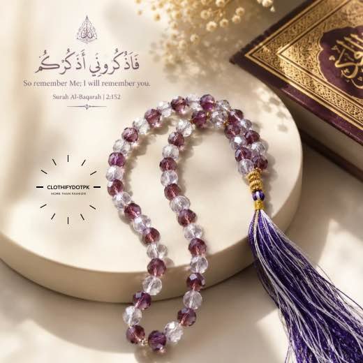 Tasbeeh & Counter A beautiful tasbeeh made of shimmering clear crystal beads, strung together with a decorative tassel at the end. BY CLOTHIFYDOTPK
