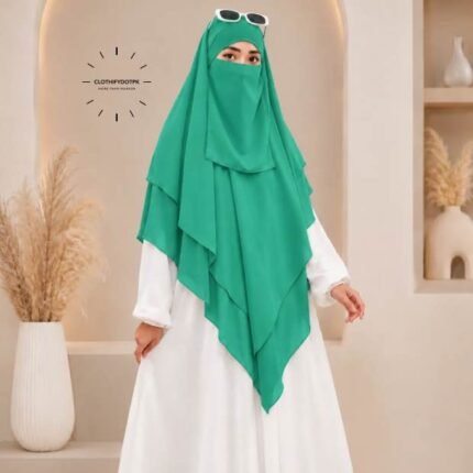 A woman wearing a three layer khimar, with the first layer covering her head and draping down over her chest, and two additional sheer or lightweight layers cascading underneath. BY CLOTHIFYDOTPK