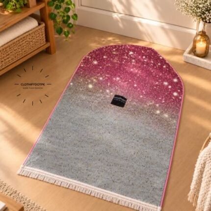 This beautifully designed, 3D velvet carpet prayer mats offers premium quality and is shown flat - courtesy of CLOTHIFYDOTPK.