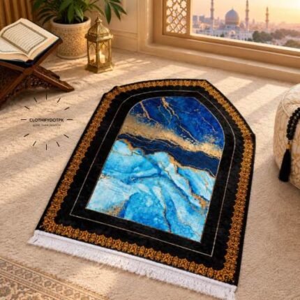 This beautifully designed, 3D velvet carpet prayer mats offers premium quality and is shown flat - courtesy of CLOTHIFYDOTPK.