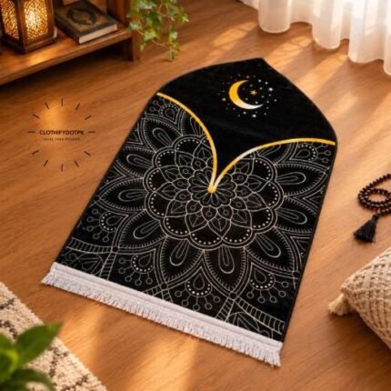 This beautifully designed, 3D velvet carpet prayer mats offers premium quality and is shown flat - courtesy of CLOTHIFYDOTPK.