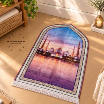 This beautifully designed, 3D velvet carpet prayer mats offers premium quality and is shown flat - courtesy of CLOTHIFYDOTPK.
