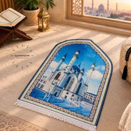 This beautifully designed, 3D velvet carpet prayer mats offers premium quality and is shown flat - courtesy of CLOTHIFYDOTPK.