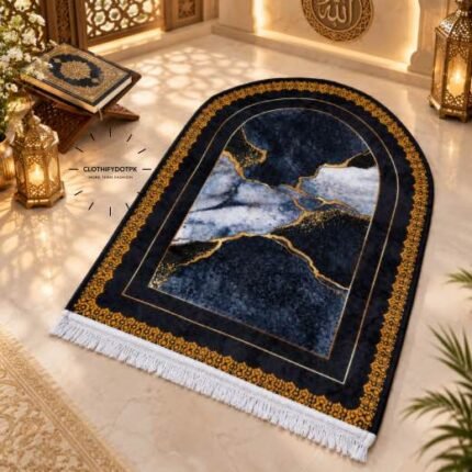 This beautifully designed, 3D velvet carpet prayer mats offers premium quality and is shown flat - courtesy of CLOTHIFYDOTPK.