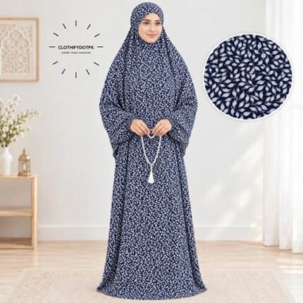 Woman standing wearing printed arabic namaz chadar holding prayer beads full coverage and comfort without compromising style. BY CLOTHIFYDOTPK