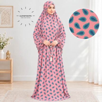 Women's printed Arabic namaz chadar – full coverage modest Islamic prayer outfit combining comfort and style. Premium quality abaya-style namaz chadar for Muslim women praying at home or mosque. Available at CLOTHIFYDOTPK.