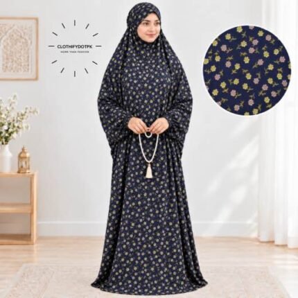 Women's wearing printed Saudi Style namaz chadar – full coverage modest Islamic prayer outfit combining comfort and style. Premium quality abaya-style namaz chadar for Muslim women praying at home or mosque. Available at CLOTHIFYDOTPK.
