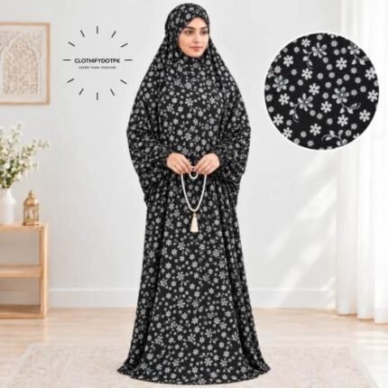 Woman standing wearing printed arabic namaz chadar holding prayer beads full coverage and comfort without compromising style. BY CLOTHIFYDOTPK