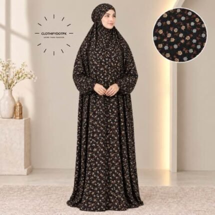 Women's printed Arabic namaz chadar – full coverage modest Islamic prayer outfit combining comfort and style. Premium quality abaya-style namaz chadar for Muslim women praying at home or mosque. Available at CLOTHIFYDOTPK.