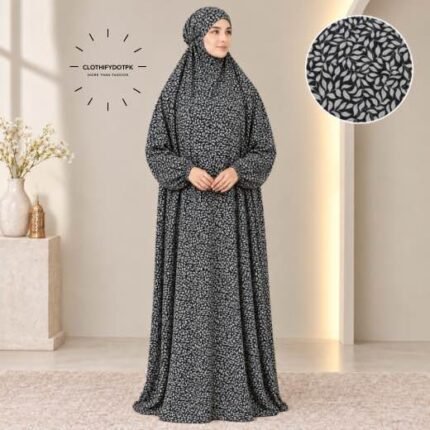 Women's printed Arabic namaz chadar – full coverage modest Islamic prayer outfit combining comfort and style. Premium quality abaya-style namaz chadar for Muslim women praying at home or mosque. Available at CLOTHIFYDOTPK.