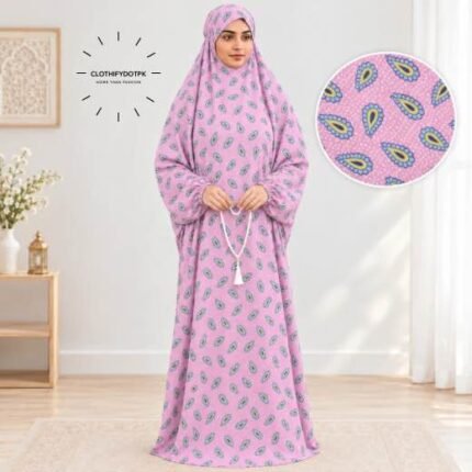 Women's wearing printed Saudi Style namaz chadar – full coverage modest Islamic prayer outfit combining comfort and style. Premium quality abaya-style namaz chadar for Muslim women praying at home or mosque. Available at CLOTHIFYDOTPK.