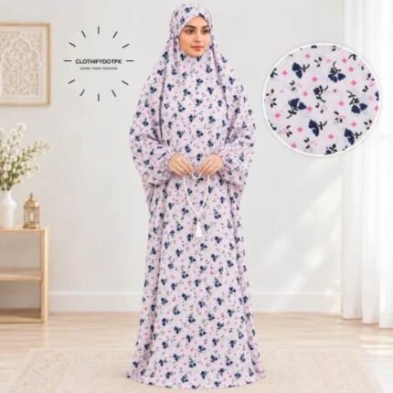 Woman standing wearing printed arabic namaz chadar holding prayer beads full coverage and comfort without compromising style. BY CLOTHIFYDOTPK