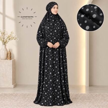 Women's printed Arabic namaz chadar – full coverage modest Islamic prayer outfit combining comfort and style. Premium quality abaya-style namaz chadar for Muslim women praying at home or mosque. Available at CLOTHIFYDOTPK.