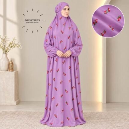 Women's printed Arabic namaz chadar – full coverage modest Islamic prayer outfit combining comfort and style. Premium quality abaya-style namaz chadar for Muslim women praying at home or mosque. Available at CLOTHIFYDOTPK.