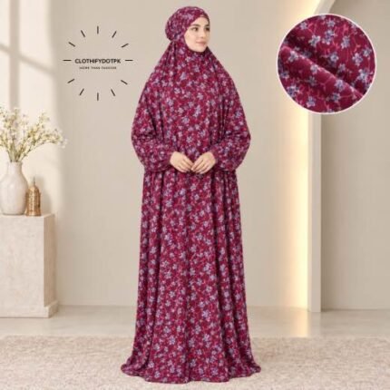 Women's printed Arabic namaz chadar – full coverage modest Islamic prayer outfit combining comfort and style. Premium quality abaya-style namaz chadar for Muslim women praying at home or mosque. Available at CLOTHIFYDOTPK.