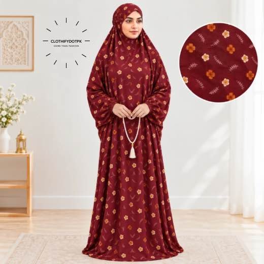 Woman standing wearing printed arabic namaz chadar holding prayer beads full coverage and comfort without compromising style. BY CLOTHIFYDOTPK