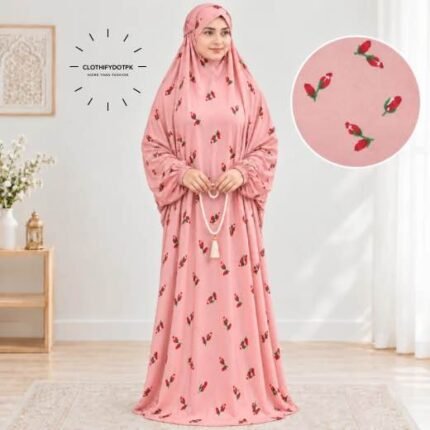 Woman standing wearing printed arabic namaz chadar holding prayer beads full coverage and comfort without compromising style. BY CLOTHIFYDOTPK