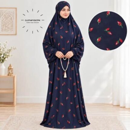 Woman standing wearing printed arabic namaz chadar holding prayer beads full coverage and comfort without compromising style. BY CLOTHIFYDOTPK