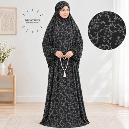 Women's printed Arabic namaz chadar – full coverage modest Islamic prayer outfit combining comfort and style. Premium quality abaya-style namaz chadar for Muslim women praying at home or mosque. Available at CLOTHIFYDOTPK.