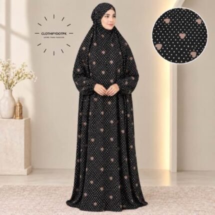 Woman standing wearing printed arabic namaz chadar holding prayer beads full coverage and comfort without compromising style. BY CLOTHIFYDOTPK