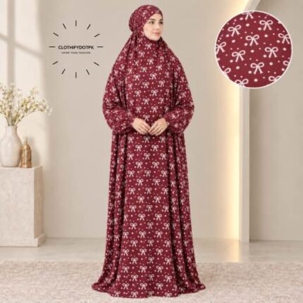Women's printed Arabic namaz chadar – full coverage modest Islamic prayer outfit combining comfort and style. Premium quality abaya-style namaz chadar for Muslim women praying at home or mosque. Available at CLOTHIFYDOTPK.
