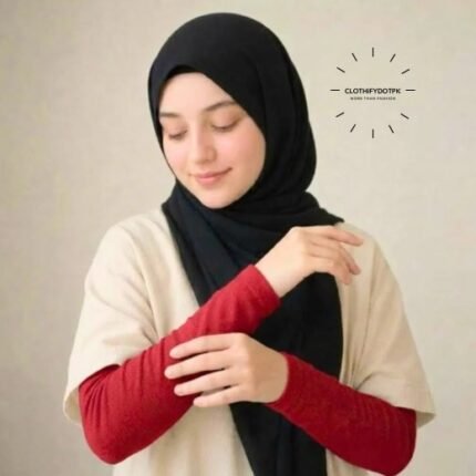 Woman wearing red arm sleeves extenders for extra coverage. BY CLOTHIFYDOTPK